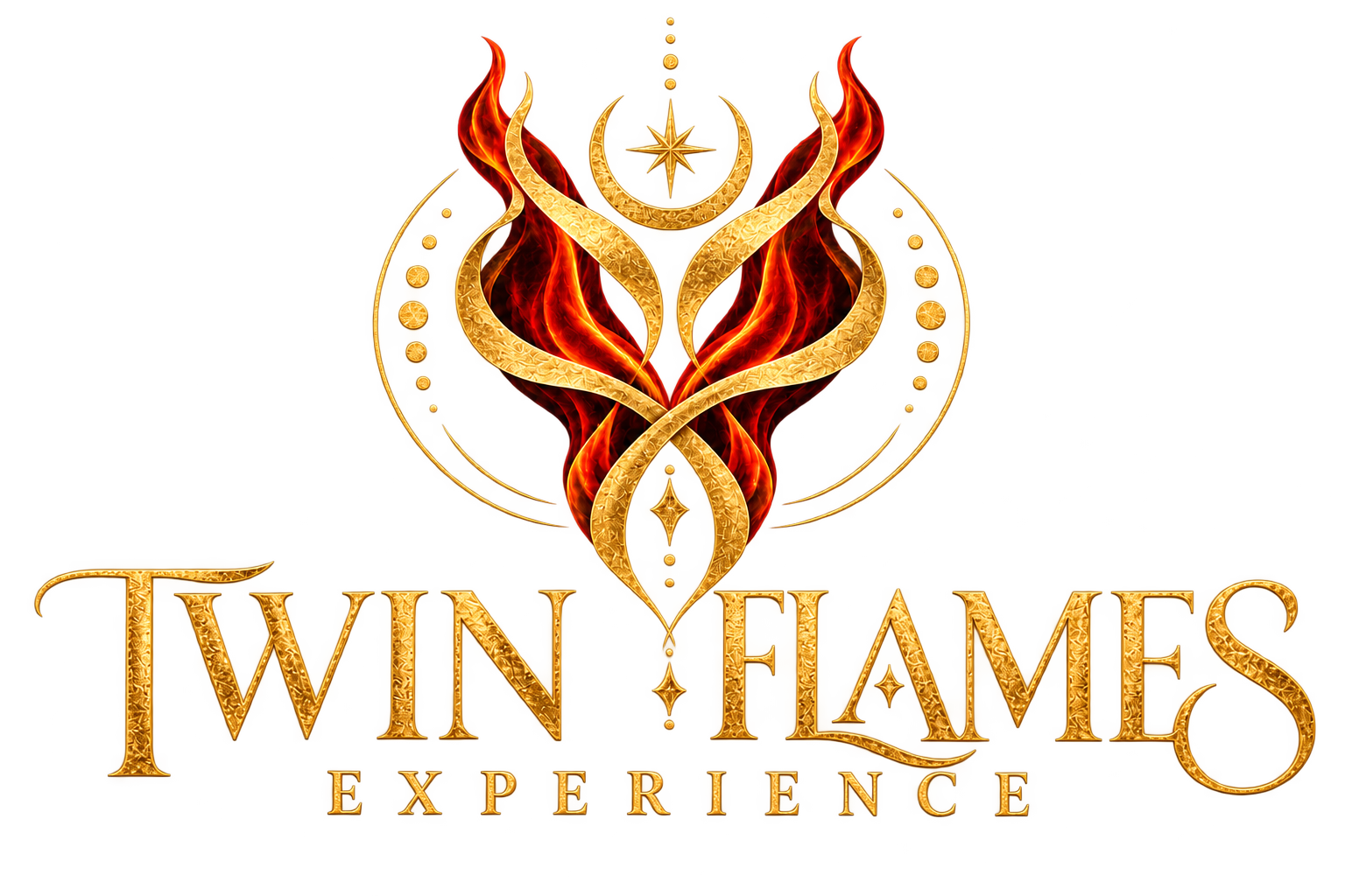 Twin Flames Experience gold and burgundy flame emblem and wordmark